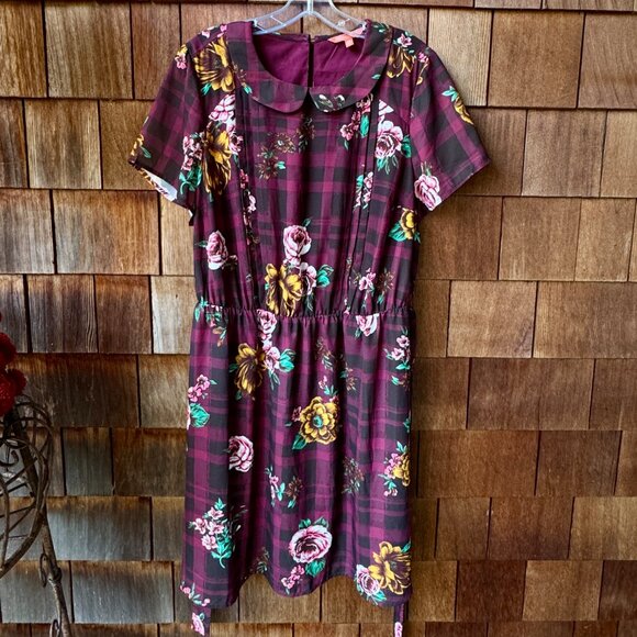 ModCloth Joyful Poise Short Sleeve Floral Plaid Belted Dress in Women's 2X - Picture 2 of 11